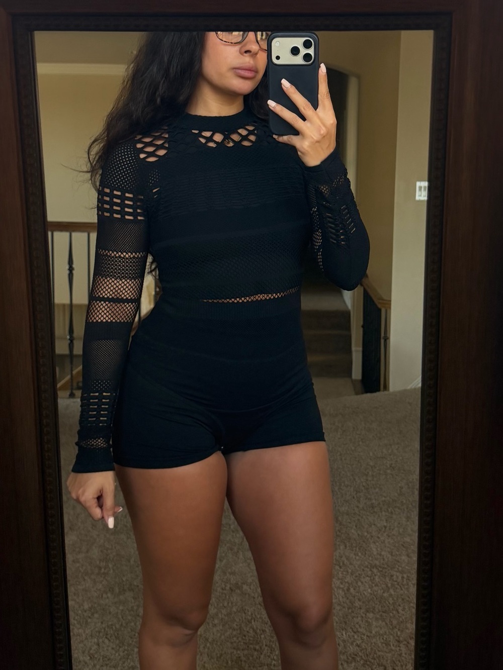 Bebe Black Long-Sleeve Mesh Bodysuit